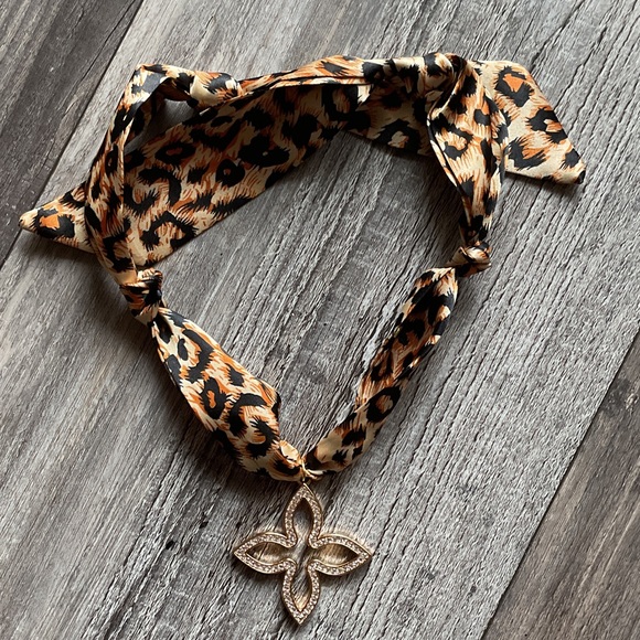 Accessories - Leopard Print Scarf Necklace with Gold Flower Pendant